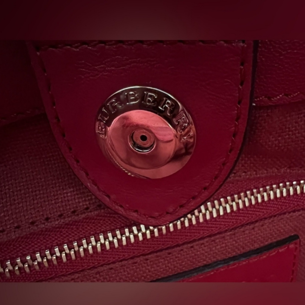 Burberry Red Leather Shoulder Bag with Check Trim - Picture 13 of 16